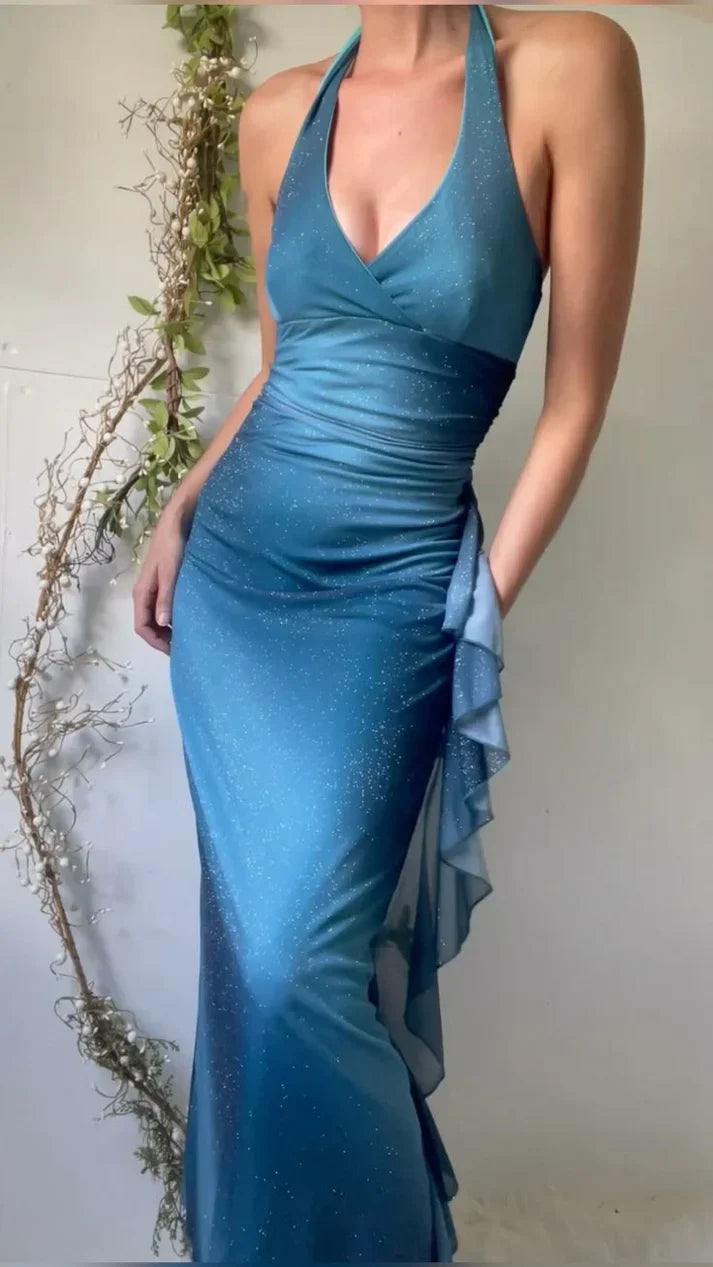 Sexy Party Dresses Halter V-neck Ruffle Chiffon Prom Dress