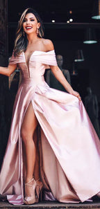 Chic Off Shoulder  Satin Slit Charming Fashion Prom Dresses