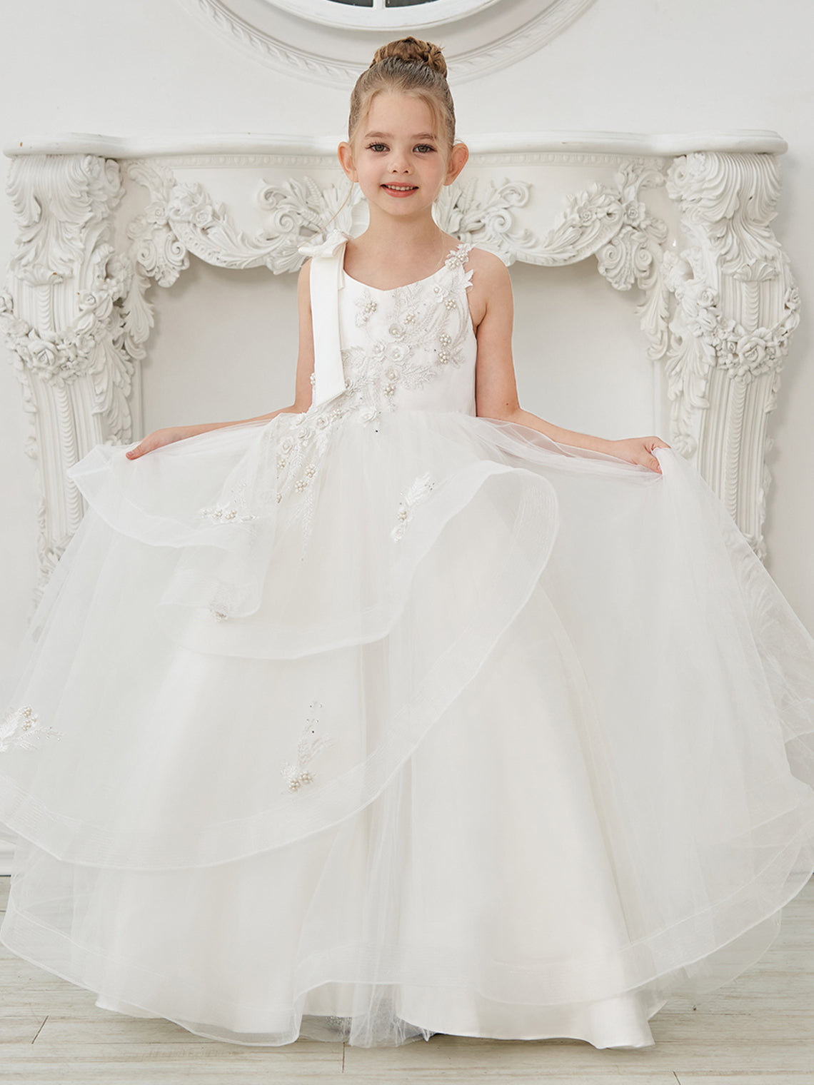 Ball-Gown/Princess Tulle Floor-length First Communion  Flower Girl Dress