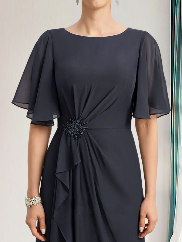A-line Scoop Floor-Length Chiffon Mother of the Bride Dress With Cascading Ruffles Beading Sequins