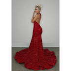 V-Neck Halter Backless Sequins Mermaid Long Prom Evening Dress With Sweep Train
