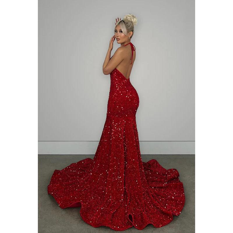 V-Neck Halter Backless Sequins Mermaid Long Prom Evening Dress With Sweep Train