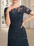 A-line Scoop Illusion Tea-Length Lace Mother of the Bride Dress With Sequins