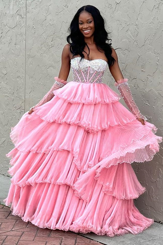 A-line Sweetheart Tiered Organza Prom Dress with Detachable Sleeves