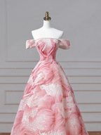 Dream Pink Strapless Satin Print Sequins Prom Dress Princess Birthday Ball Gown Y8604