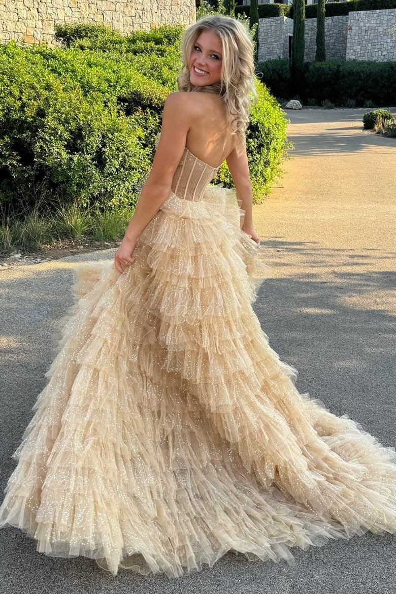 A Line Strapless Corset Glitter Tulle Prom Dress with Ruffles