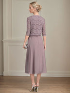 A-line Scoop Tea-Length Chiffon Mother of the Bride Dress With Pleated