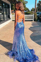 Sequin Feather Lace-Up Back Mermaid Long Prom Dress with Slit