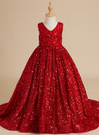 Dazzling Red Sequined Princess Ball Gown with V-Neck and Court Train for Girls