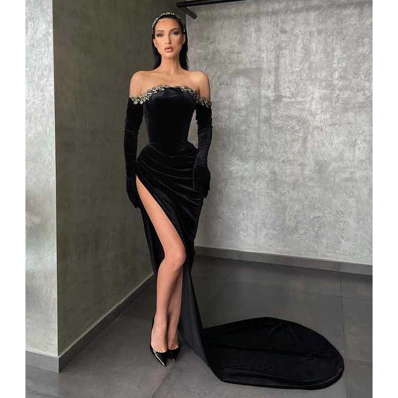 Unique Off Shoulder Beads Long Sleeves Black Velvet Formal Evening Dress with Slit