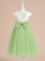 A-line Satin Tulle Tea-length First Communion Flower Girl Dress