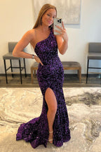 Purple One Shoulder Sequined Mermaid Prom Dress