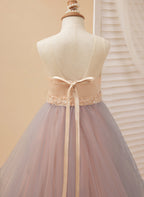 A-line Satin Tulle Sweep Train Champagne Dress (010226776)