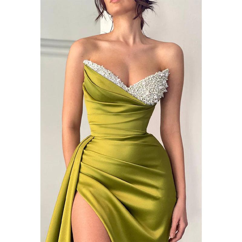 Sexy V-neck Satin Pleated Beads Long Prom Formal Dress with Slit