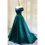 Unique Off-shoulder Green Satin Pleat Long Formal Dress