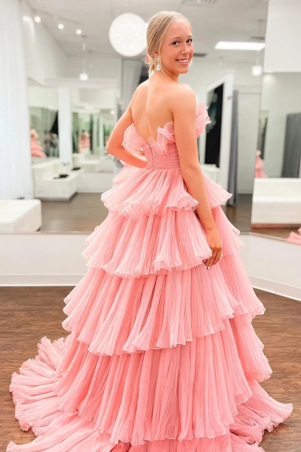 Charming A Line Strapless Blue Long Prom Dress with Ruffles