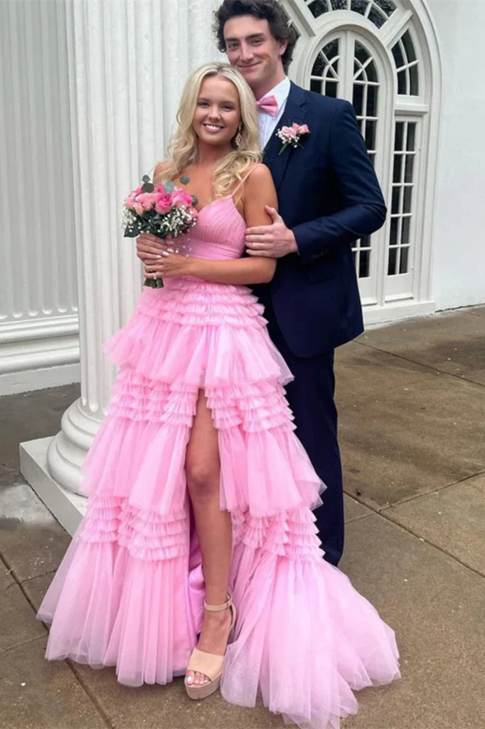 A Line Spaghetti Straps Pink Long Prom Dress with Split