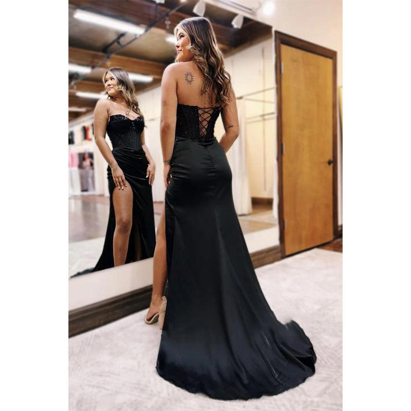 Sheath Strapless Beaded Pleats Black Long Prom Dress with Slit Evening Gowns