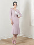 Sheath/Column V-Neck Tea-Length Mother of the Bride Dresses