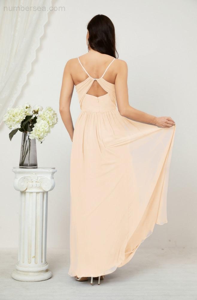 Baoleely  Neck Bridesmaid Dresses Chiffon Long Spaghetti A-line Formal Prom Gown for Wedding Party Evening 2801