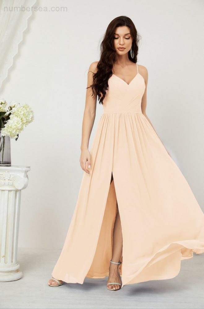 Baoleely  Neck Bridesmaid Dresses Chiffon Long Spaghetti A-line Formal Prom Gown for Wedding Party Evening 2801