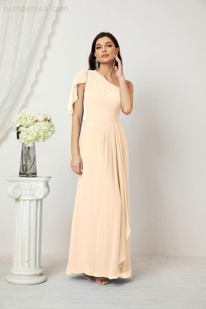 Numbersea  Chiffon Ruffled One Shoulder Long Bridesmaid Dresses A-line Formal Evening Gown Side Split 2809