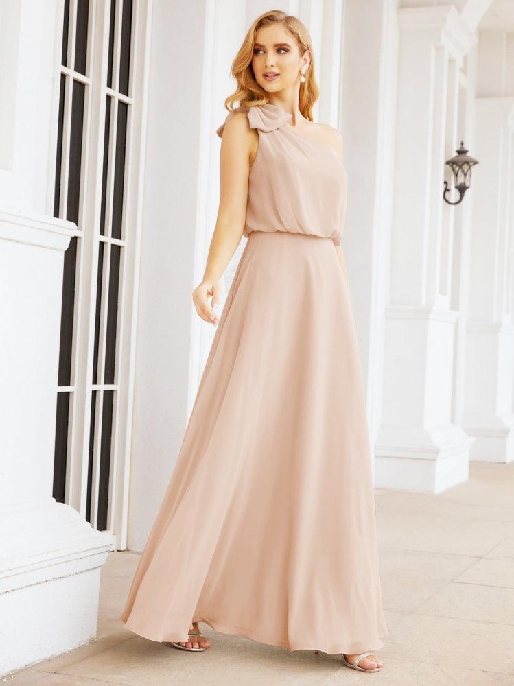 Numbersea Chiffon Ruffled One Shoulder Sleeveless Long Bride Dresses A-line Formal Evening Gown Side Split 28057