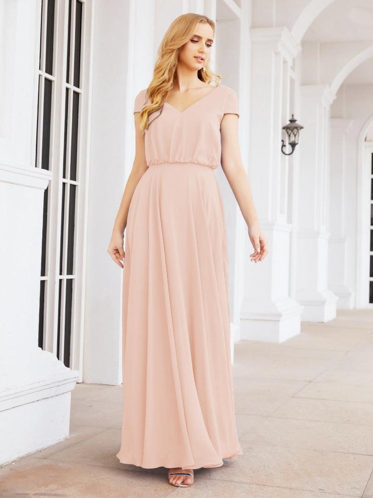Numbersea V-Neck Bridesmaid Dresses Long Cap Sleeves Prom Evening Formal Gowns 28071