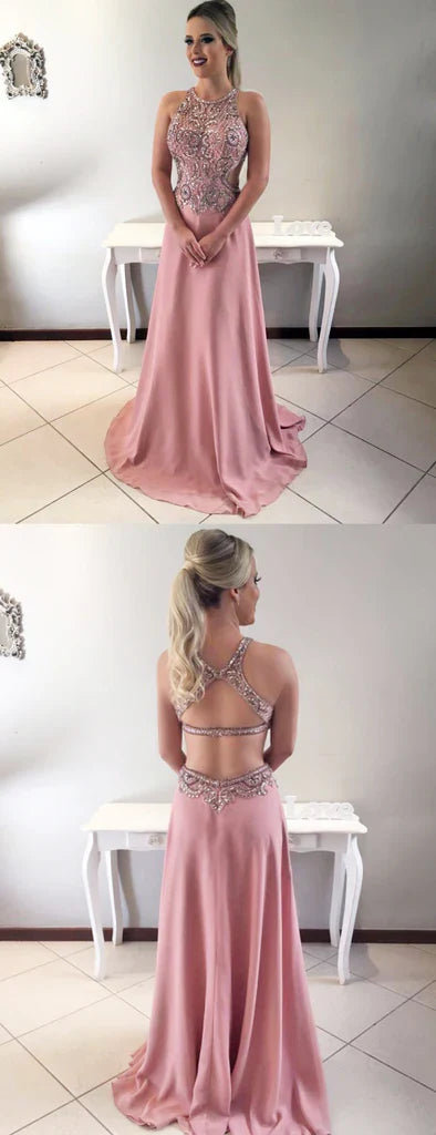 Luxury Dusty  Beading Rhinestone Open Back Prom Dresses