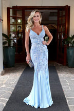 Fashion Pale Soft Satin Applique Beading Mermaid Spaghetti Strap Prom Dresses