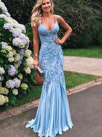 Fashion Pale Soft Satin Applique Beading Mermaid Spaghetti Strap Prom Dresses