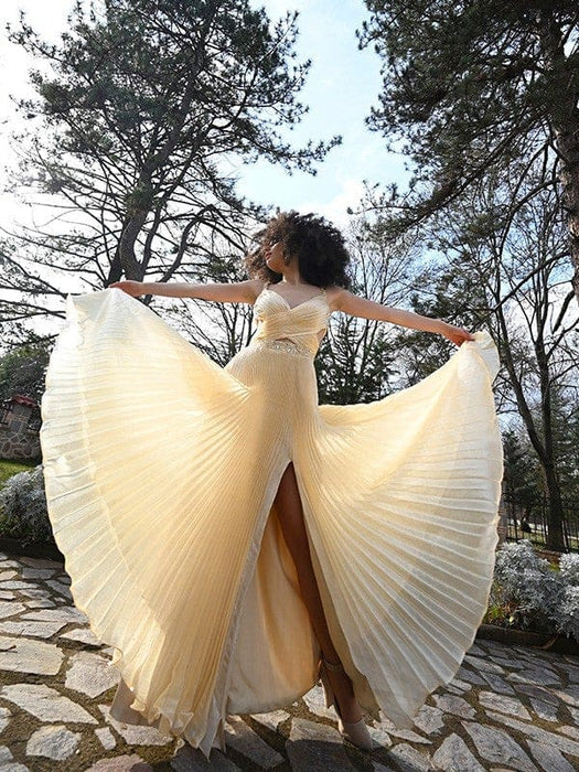 Simple Ruffles Satin Sleeveless V-neck Aline Evening Dresses