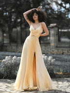 Simple Ruffles Satin Sleeveless V-neck Aline Evening Dresses