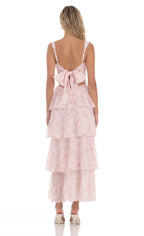 Chic Spaghetti Straps Floral Ruffle Backless Maxi Dress in Pink