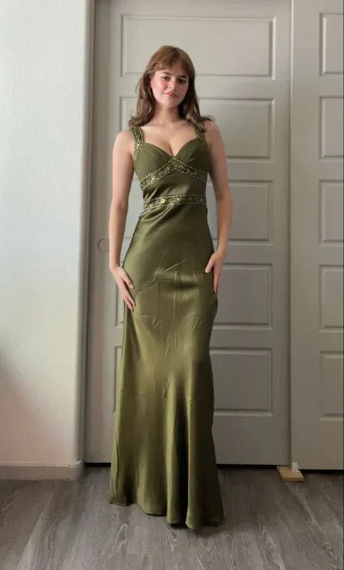 Elegant Olive  Mermaid Beaded Satin Long Prom Dress