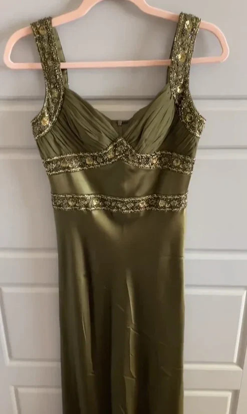 Elegant Olive  Mermaid Beaded Satin Long Prom Dress