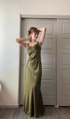 Elegant Olive  Mermaid Beaded Satin Long Prom Dress