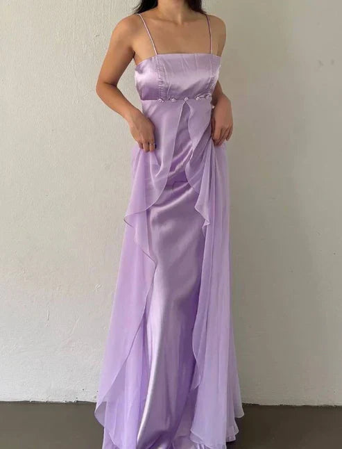 Elegant Spaghetti Straps Lilac Sheath Long Prom Dresses Party Outfits