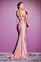 Sexy Fitted Off Shoulder Ruched Backless Gown Brush Train Split Prom Dress