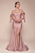 Sexy Fitted Off Shoulder Ruched Backless Gown Brush Train Split Prom Dress