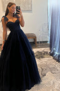 Navy Blue Spaghetti Straps Backless Polka Dots A-line Princess Dress