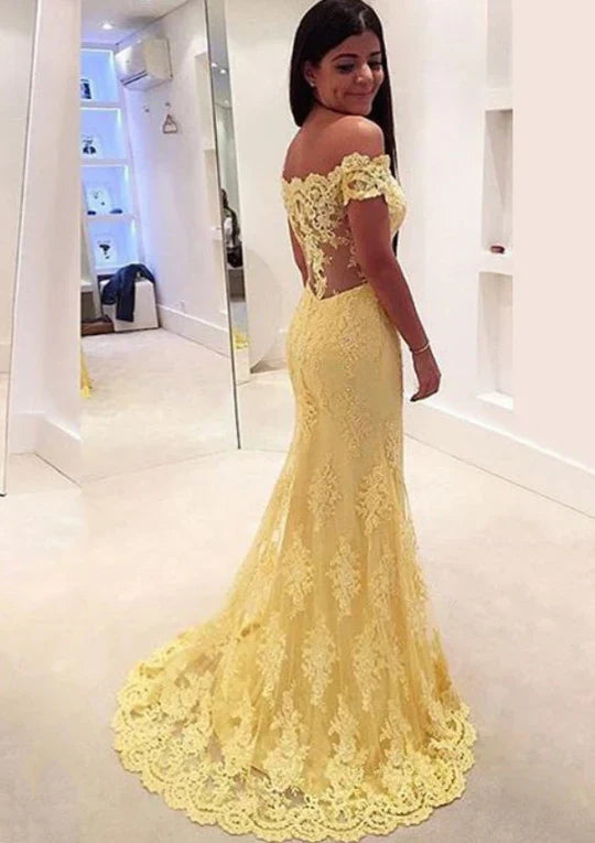 Trumpet Off Shoulder Scalloped Sweetheart Sweep Lace Prom Dress
