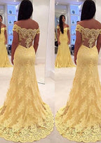Trumpet Off Shoulder Scalloped Sweetheart Sweep Lace Prom Dress
