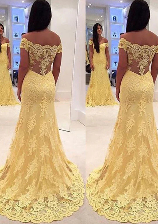Trumpet Off Shoulder Scalloped Sweetheart Sweep Lace Prom Dress