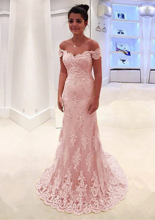 Trumpet Off Shoulder Scalloped Sweetheart Sweep Lace Prom Dress