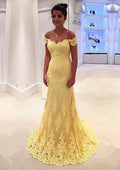 Trumpet Off Shoulder Scalloped Sweetheart Sweep Lace Prom Dress