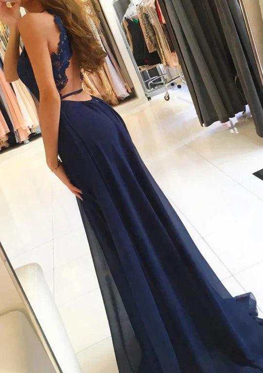 Chiffon Sleeveless A-Line Plunging Scoop Sweep Slit Prom Dress