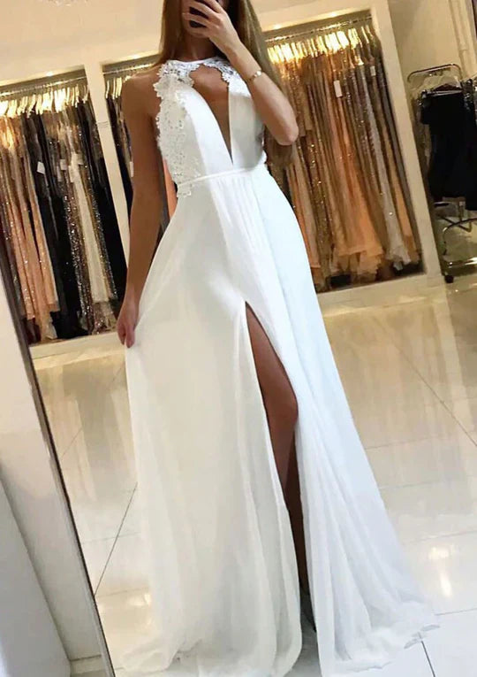 Chiffon Sleeveless A-Line Plunging Scoop Sweep Slit Prom Dress