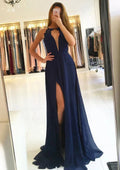 Chiffon Sleeveless A-Line Plunging Scoop Sweep Slit Prom Dress