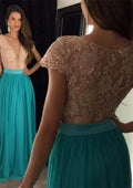 Rhinestone Lace Plunging Turquoise Long Chiffon Prom Gown